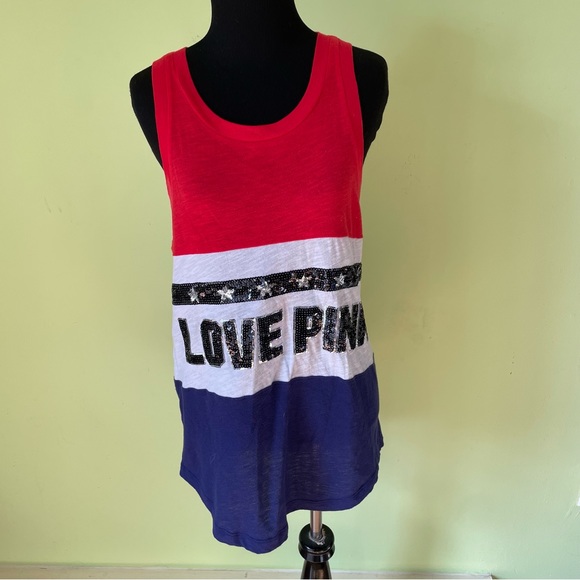 PINK VICTORIAS SECRET RED WHITE AND BLUE SEQUIN TANK TOP SIZE XS - Picture 1 of 6